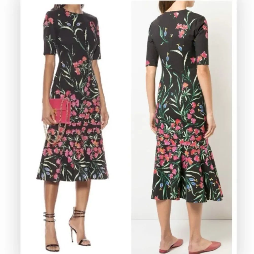 Carolina Herrera Floral Stretch Cotton Faille Cocktail Midi Dress 10 $2550